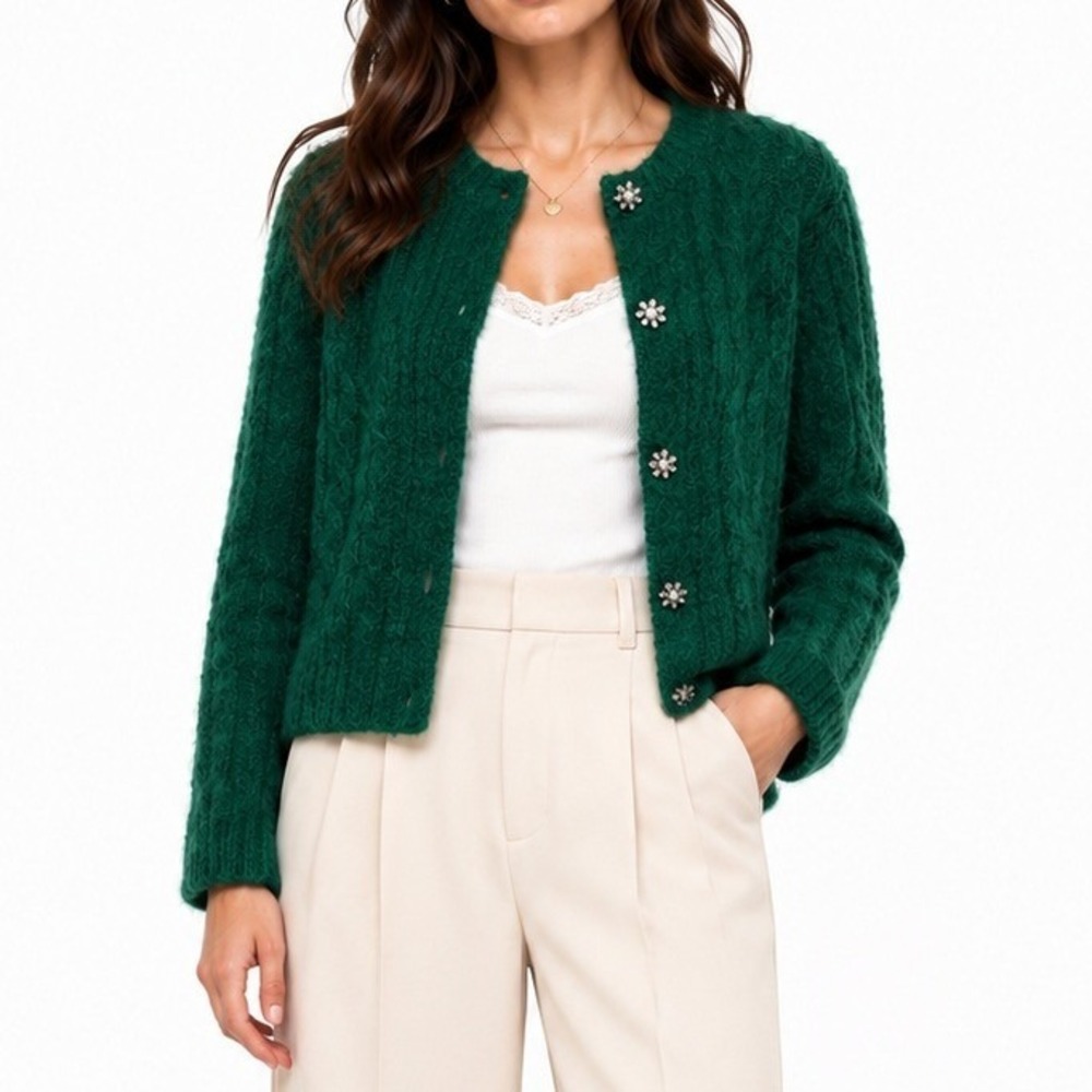 Zara Cardigan Womens M Green Jewel Button Cable Knit Fuzzy Sweater Rhinestone